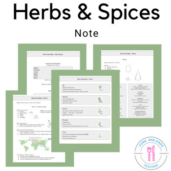 Preview of Herb and Spice Note For The Culinary High School And FCS Classroom