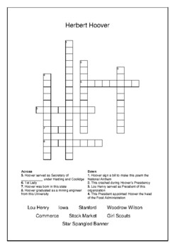 Herbert Hoover 31st President Crossword Puzzle Word Search Bell Ringer