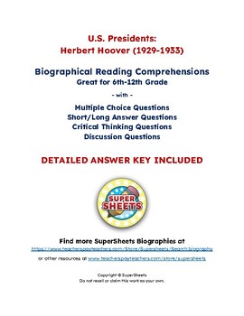 Preview of Herbert Hoover Biography: Reading Comprehension & Questions w/ Answer Key