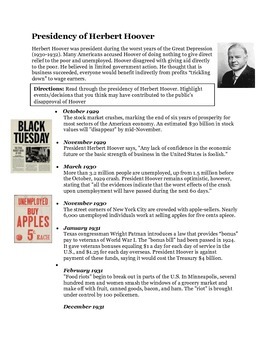 Herbert Hoover Timeline Activity The Great Depression By Curriculum Candy