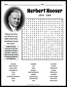 HERBERT HOOVER Word Search Puzzle Worksheet Activity by Puzzles to Print