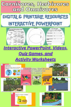 Preview of Herbivore, Carnivore & Omnivore -PowerPoint, Videos, Games & Activity Worksheets