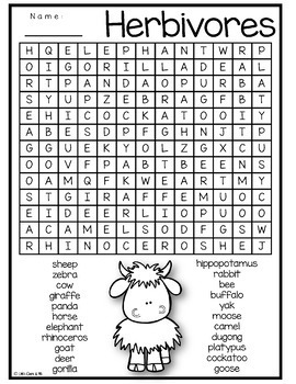 Herbivores Animal Puzzles Word Search Crossword by Unique Ideas With Mrs S