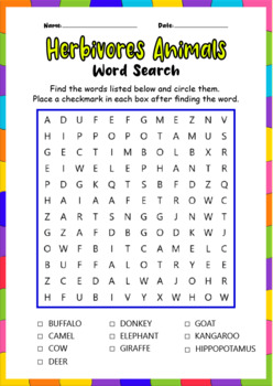Preview of Herbivores Animals Names Fun Vocabulary Word Search Worksheets Puzzles