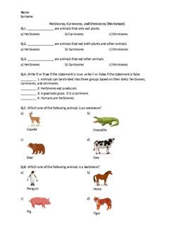 Herbivores, Carnivores, and Omnivores - Worksheet | Printable, Distance  Learning