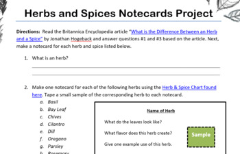 Preview of Herbs and Spices Notecards Project - Student Directions