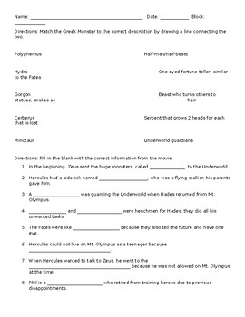 Preview of Hercules movie companion sheet - Greek Monster focused