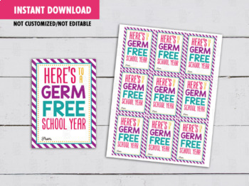 Preview of Here's to a Germ Free School year Gifts Tag, Hand Sanitizer Card, Back to School