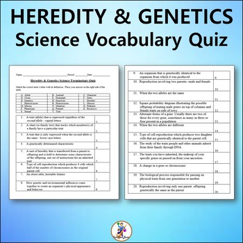 Preview of Heredity & Genetics Science Vocabulary Quiz - Editable Worksheet