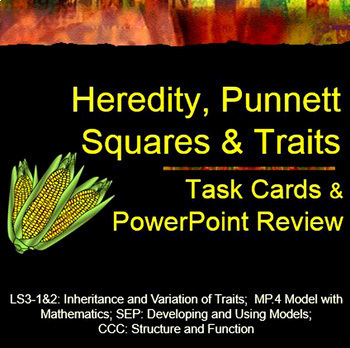 Preview of Heredity, Punnett Square, Traits TASK Cards & PP Review