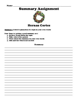 Preview of Hernan Cortes Summary Worksheet