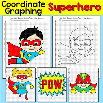 Preview of Superhero Coordinate Plane Graphing Mystery Pictures Math Worksheets