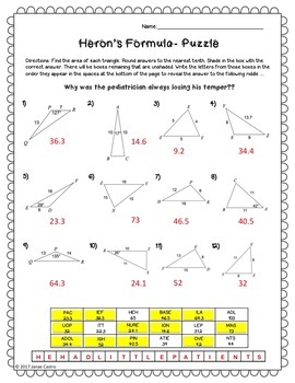 Heron's Formula - Puzzle Worksheet by Sine on the Line | TpT