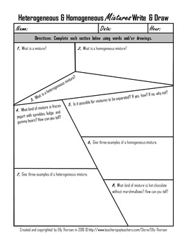 Heterogeneous and Homogeneous Mixtures Write and Draw Worksheet by Elly