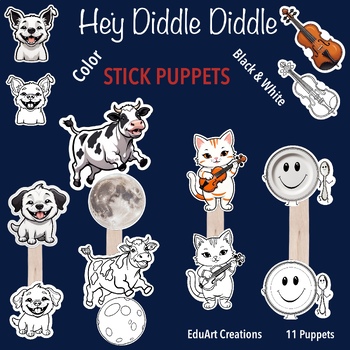 Preview of Hey Diddle Diddle TEACHER STICK PUPPETS color & black and white