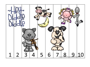 Preview of Hey Diddle Diddle themed Number Sequence Puzzle preschool learning game. Daycare