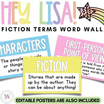 Preview of Hey Lisa! Bright & Happy Fiction – Elements of a Story Word Wall | Editable