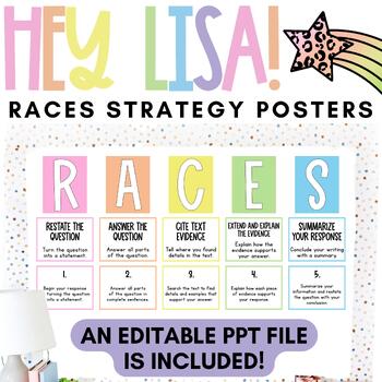 Preview of Hey Lisa! Bright & Happy RACES Writing Strategy Posters | Editable | *NEW