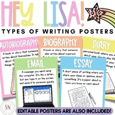 Hey Lisa! Bright & Happy Types of Writing Posters | Editab