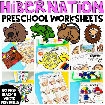 Preview of Hibernation Math and Literacy Worksheets Preschool | Animals in Winter