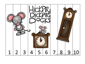 Preview of Hickory Dickory Dock themed Number Sequence Puzzle 1-10 preschool activity.