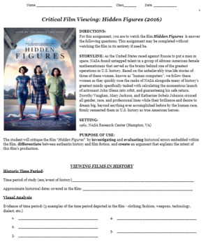 Preview of Hidden Figures - Movie Guide (film assignment & review - US History in Film)