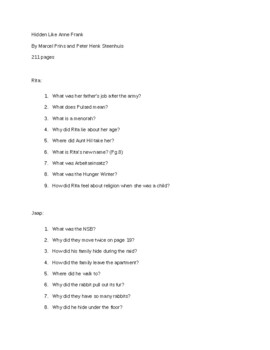 Preview of Hidden Like Anne Frank By Marcel Prins Comprehension Chapter Questions