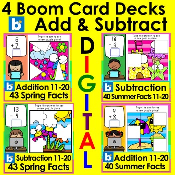 Preview of Hidden Pictures Spring & Summer Addition & Subtraction 11-20 Boom Cards Bundle