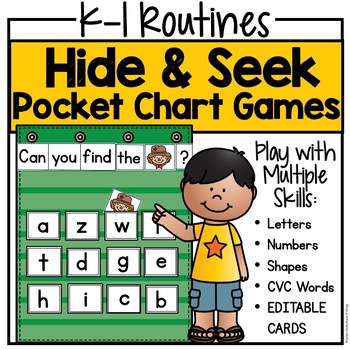 Preview of Hide & Seek Pocket Chart Games, Alphabet, Number, CVC Words, Kindergarten, First