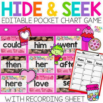 Preview of Valentines Day Pocket Chart Sight Word Practice Editable Game and Worksheets