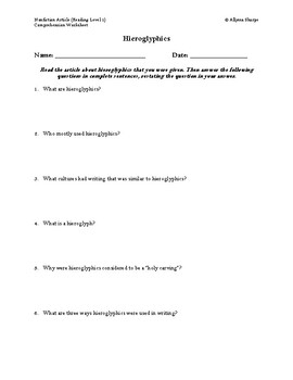 Preview of Hieroglyphics Article (Reading Level 1) Comprehension Worksheet