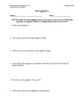 Preview of Hieroglyphics Article (Reading Level 2) Comprehension Worksheet
