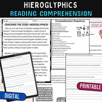 Preview of Hieroglyphics Reading Comprehension Passage Quiz,Digital & Printable