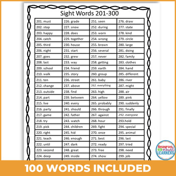 High Frequency Sight Word List by Resources for Visual Learners-Holli ...