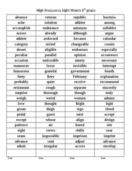 dolch sight words through 6th grade