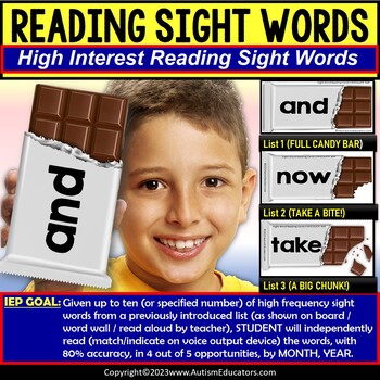 Preview of High Frequency Sight Words for Reading Fluency and Writing with Data for Autism