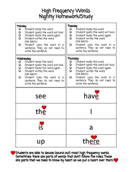 high frequency words homework