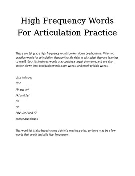 Preview of High Frequency Words for Articulation Practice