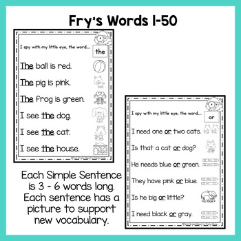 Sight Word Fluency Sentences Fry’s First 50 Words | TpT