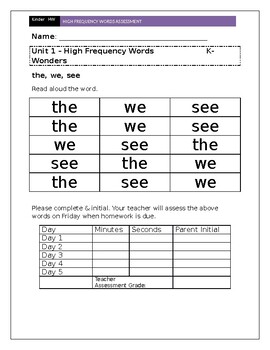 Preview of High Frequency Words - Kinder Wonders - Assessment / Home Practice