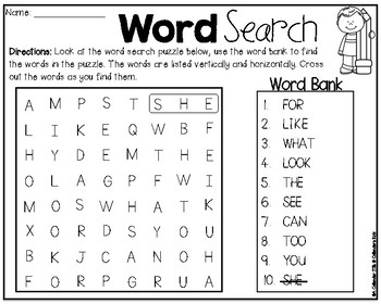 high frequency words word search by callender s kidz tpt