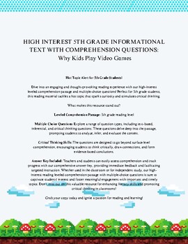 Preview of High Interest 5th Grade Informational Text with Leveled Questions_Video Games