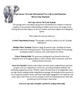 Preview of High Interest 7th Grade Informational Text with Leveled Questions: Elephants