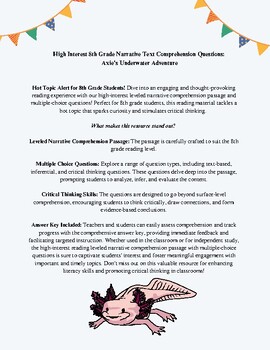 Preview of High Interest 8th Gr. Narrative Text Comprehension Questions_Axie the Axolotl