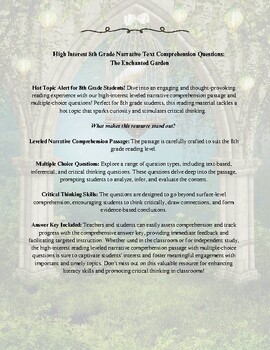 Preview of High Interest 8th Gr. Narrative Text Comprehension Questions_Enchanted Garden