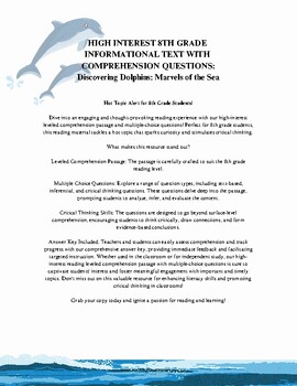Preview of High Interest 8th Grade  Informational Text w/Comprehension Questions: Dolphins