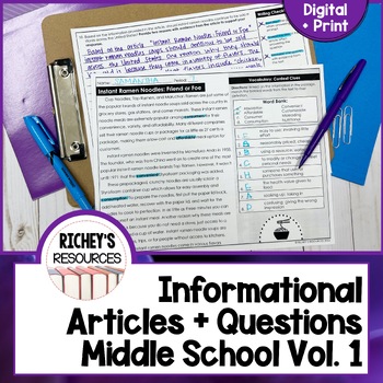 Preview of High-Interest Informational Articles + Questions 1 Middle School Digital + Print