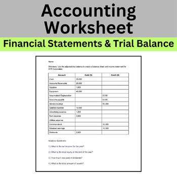 Preview of High School Accounting Worksheet | Financial Statements & Trial Balance
