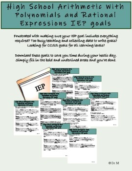 Preview of A2 High School Arithmetic With Polynomials and Rational Expressions IEP goals