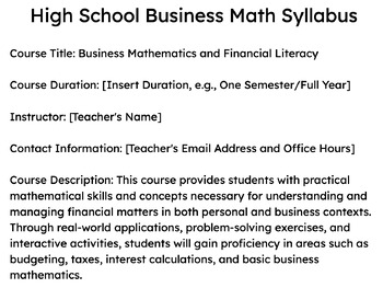 Preview of High School Business Math Syllabus